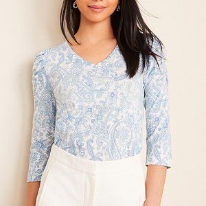 Ann Taylor Paisley Blue Top Puff Shoulder Top